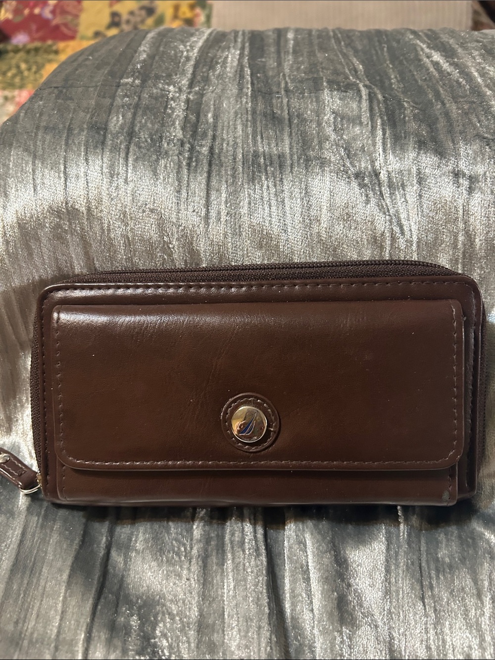 Nautica Brown Leather Zip Wallet with Front Snap Pocket